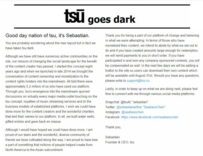 tsu closes the doors to 5 million members and goes dark