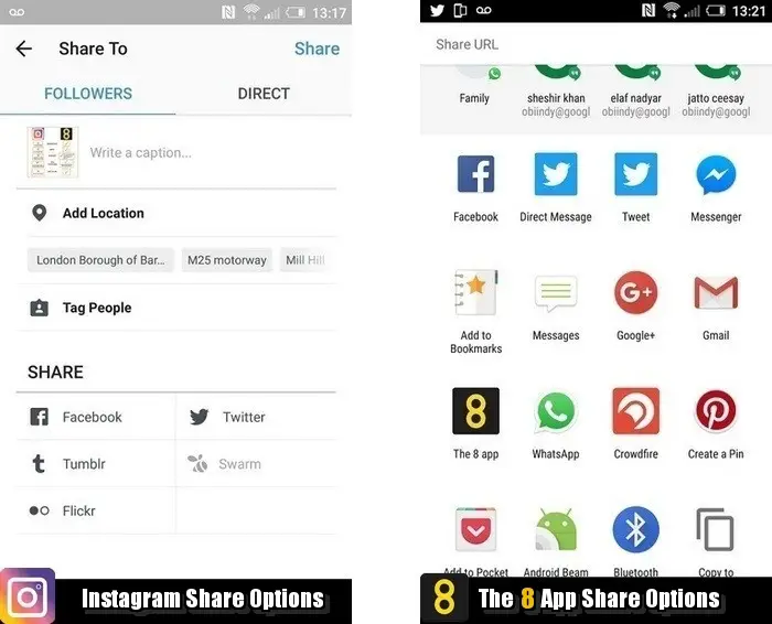 instagram-and-the8app-share-options-via-moble-app -Instagram compared to The8App - YouTube - Infobunny.com