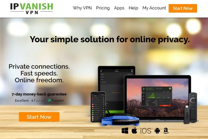 IPVanish VPN screen capture of the homepage