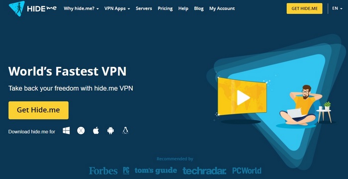Hide.me VPN homepage screen capture