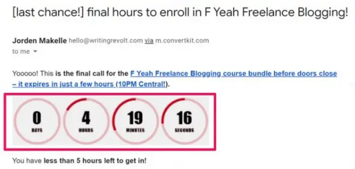 Screen capture of a countdown for an offer