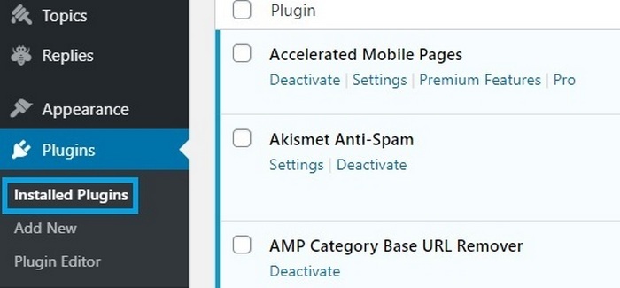 Screen capture showing the WordPress CMS back office plugins area