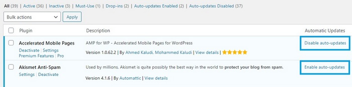 Screen capture showing the enable disable functions of WordPress plugins