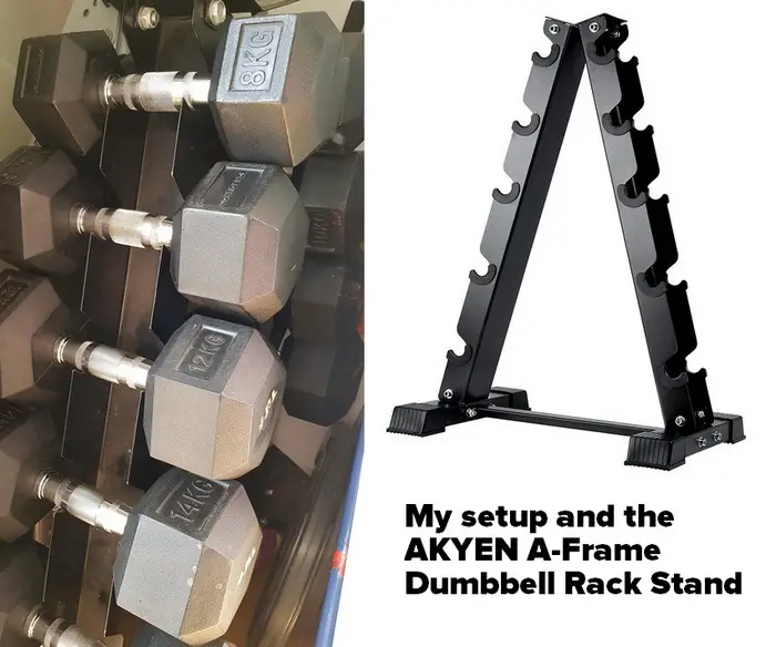 my current set up alongside the AKYEN A-Frame Dumbbell Rack Stand - best home gym equipment