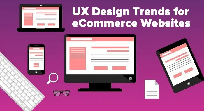 purple header graphic showing a laptop for the article UX Design Trends For eCommerce Websites